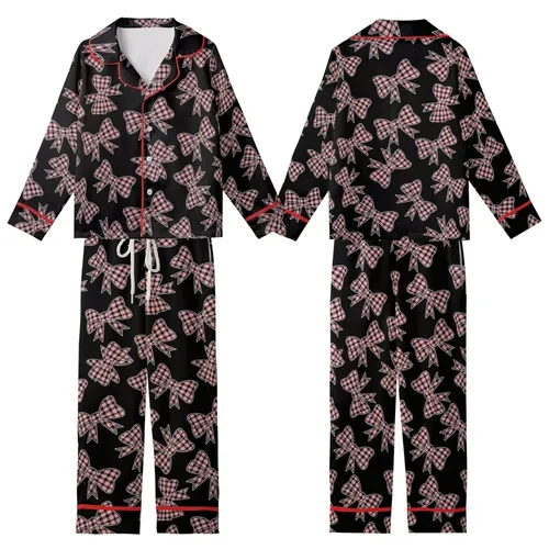 Chic Style Pink Plaid Bows Seamless Pattern on Black Customizable Item Satin Short-Sleeve Pajamas Set