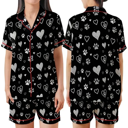 Heart & Paw Fan: Distressed Brush-Stroke Hearts & Paw Prints – Chalky White & Grey Scattered Design Item Satin Short-Sleeve Pajamas Set
