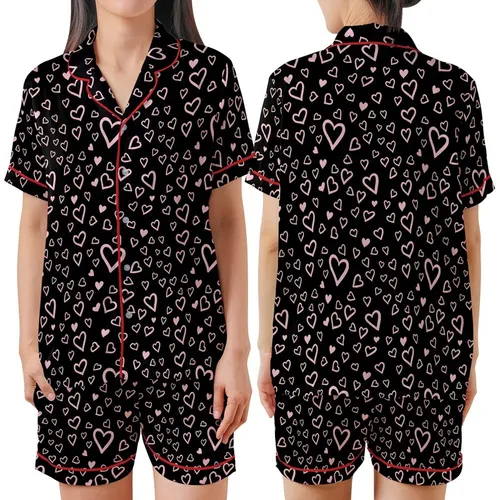 Women's Playful Pink Hearts Design: Imperfect Hand-Drawn Scattered Motif – Black Knit Top Satin Short-Sleeve Pajamas Set
