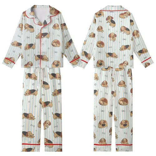 Dog Lover Dreamy Sleep Set: Sleepy Dachshund Beagle Pattern, Creamy Blue Stripes Kid Satin Pajamas Set