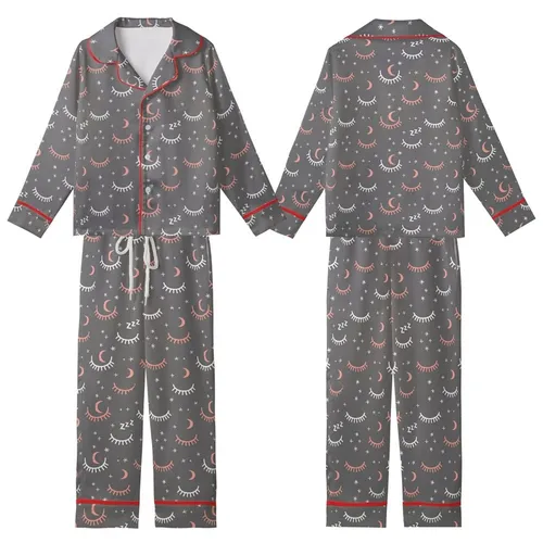 Dreamer's Everyday Essential: Charcoal Heather Sleeping Eye Moon Zzz Pattern Kid Satin Pajamas Set