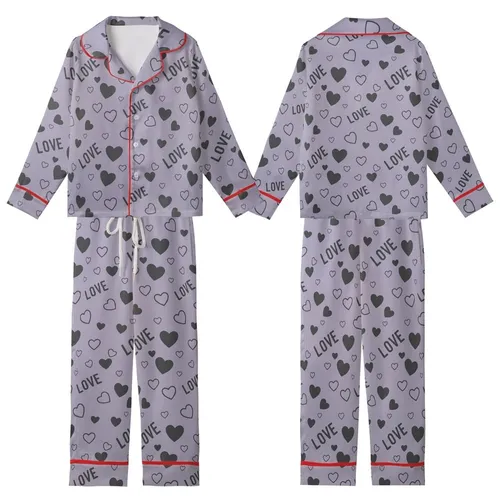 Love-Inspired Muted Lavender Hearts Pattern: Scattered Charcoal Outline Design Kid Satin Pajamas Set