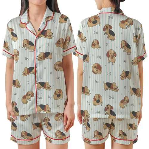 Dog Lover Dreamy Sleep Set: Sleepy Dachshund Beagle Pattern, Creamy Blue Stripes Satin Short-Sleeve Pajamas Set
