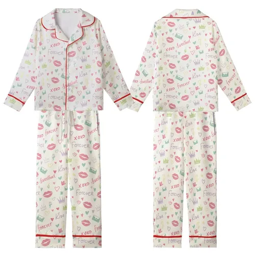 Sweetheart Charm Pastel Doodle Kisses, Crowns & Love Hearts Satin Short-Sleeve Pajamas Set