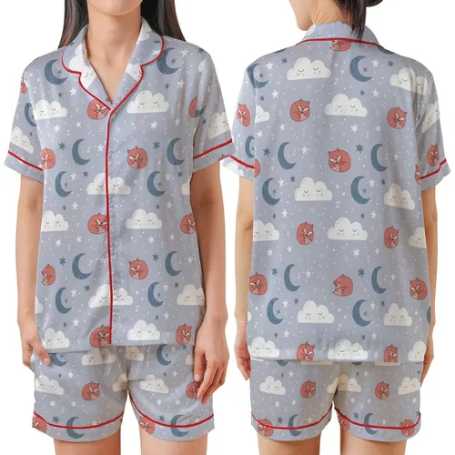 Dreamer's Gentle Slumber: Whimsical Cloud Moon Star Fox Bear Design - Soft Pastel Imagery Satin Short-Sleeve Pajamas Set