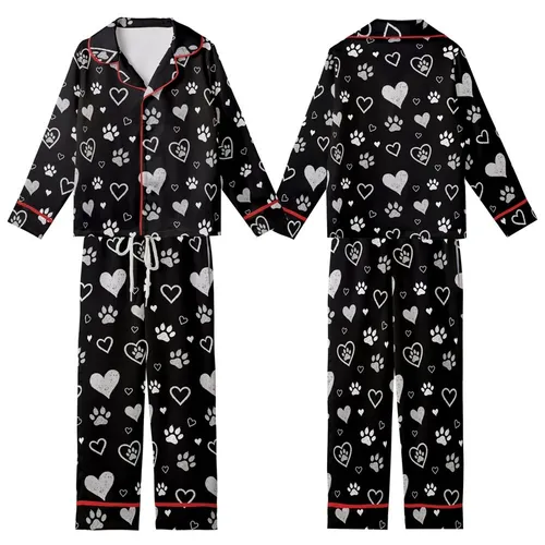 Heart & Paw Fan: Distressed Brush-Stroke Hearts & Paw Prints – Chalky White & Grey Scattered Design Item Kid Satin Pajamas Set
