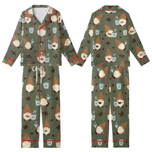 Gnome Coffee Lovers: Whimsical Gnomes & Espresso Beans - Deep Olive Green Cozy Loungewear Piece Kid Satin Pajamas Set