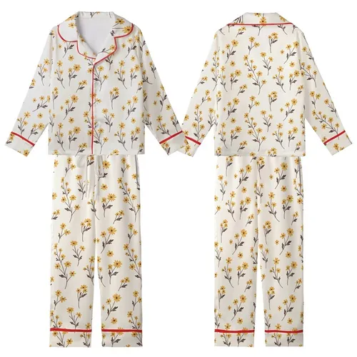 Delicate Wildflower Motif: Hand-Drawn Daisy Blossoms, Creamy Goldenrod & Dark Brown Kid Satin Pajamas Set