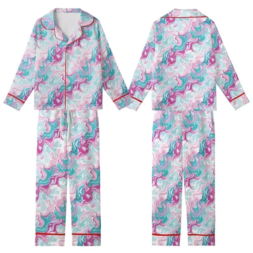 Ethereal Spirit's Abstract Fluid Art: Pastel Pink Blue Teal Fuchsia Marble Swirl Wearable Art Kid Satin Pajamas Set