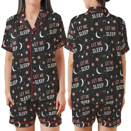 Dreamer's 'LET ME SLEEP' Motif: Playful Eyelashes, Moon, Stars & ZZZs in Rose Pink Satin Short-Sleeve Pajamas Set
