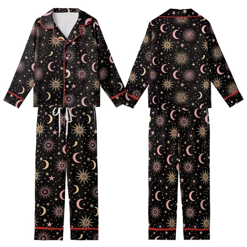 Stargazer's Golden & Rose Celestial Sun Moon Star Pattern - Deep Black Wearable Kid Satin Pajamas Set