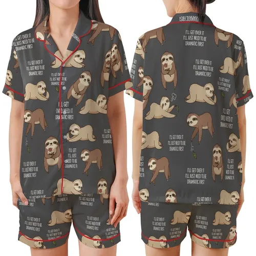 Sloth Lover's Dramatic Cartoon Sloth 'I'll Get Over It' Text Pattern Casual Wear Satin Short-Sleeve Pajamas Set