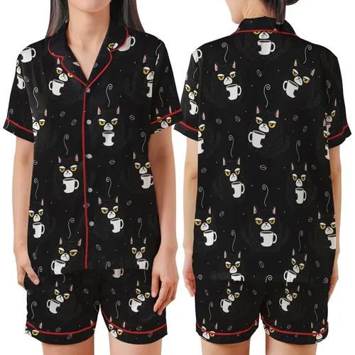 Cat Lover's Grumpy Shaggy Black Cat Coffee Mug Repeating Pattern – Humorous Wearable Art Satin Short-Sleeve Pajamas Set