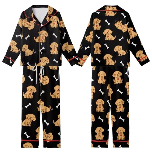 Golden Retriever Lover: Playful Puppies, Rosy Cheeks, Red Hearts & Bones Pattern - Black Background Kid Satin Pajamas Set