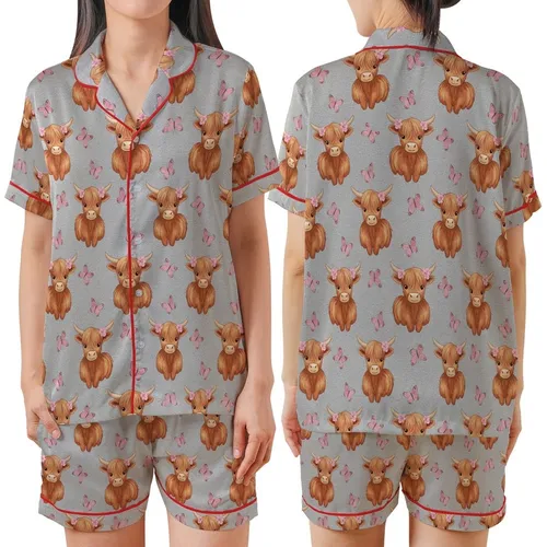 Baby Cow Lover's Reddish-Brown Highland Calf & Delicate Pink Butterfly Heather Grey Pattern Wearable Satin Short-Sleeve Pajamas Set