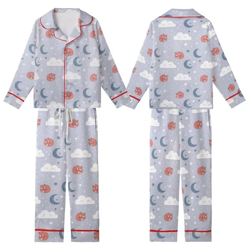 Dreamer's Gentle Slumber: Whimsical Cloud Moon Star Fox Bear Design - Soft Pastel Imagery Kid Satin Pajamas Set