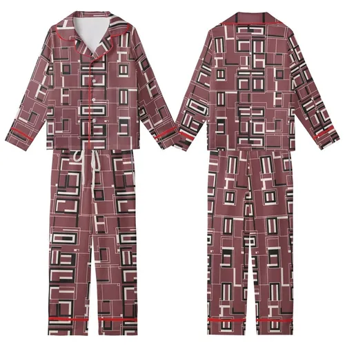 Elegant Wearer: Deep Maroon Black Squares Rectangles Pattern - Crisp White Border Design Kid Satin Pajamas Set