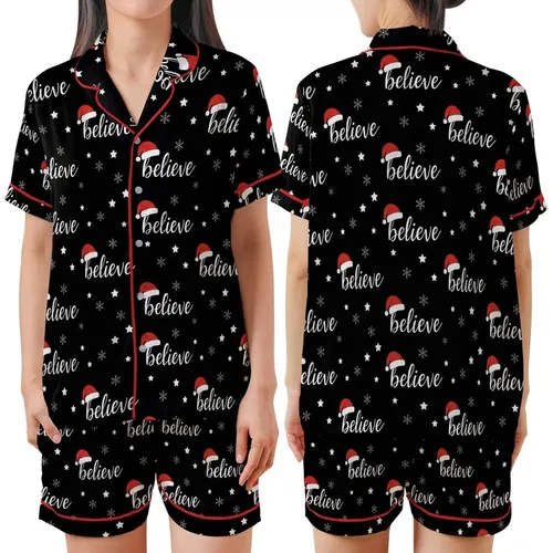Festive Believer's Repeating White 'Believe' Script, Red Santa Hat, White Stars & Snowflakes Pattern Design Satin Short-Sleeve Pajamas Set