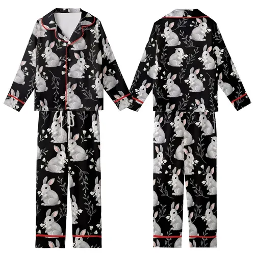 Rabbit Enthusiast's Hyperrealistic Fluffy Grey Bunnies White Flowers Black Foliage Design Kid Satin Pajamas Set