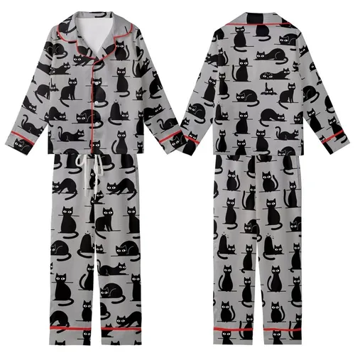 Cat Lover's Playful Black Cat Silhouettes - Heather Grey Wearable Motif Kid Satin Pajamas Set