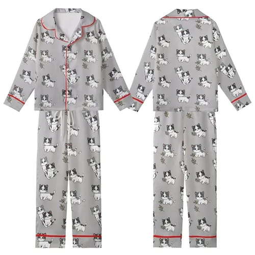 Kitten Lover's Playful Blue-Eyed Kittens with Leafy Branches: Heather Grey Cozy Wearable Art Kid Satin Pajamas Set
