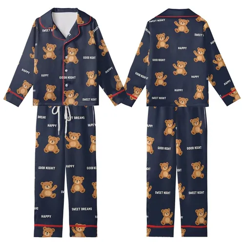 Sweet Dreams Lover: Playful Teddy Bear & Happy Text Pattern - Dark Navy Comfort Attire Kid Satin Pajamas Set