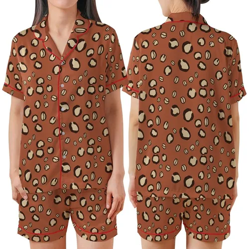 Coffee Lover Chic: Warm Russet Leopard Spot & Coffee Bean Design - Tan Beige Wearable Satin Short-Sleeve Pajamas Set