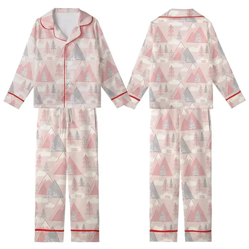 Nature Lover's Soft Pink Gray Minimalist Mountain & Pine Pattern, 'THE GREAT OUTDOORS' Text Top Kid Satin Pajamas Set