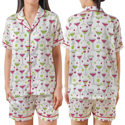 Celebration Joy: Whimsical Pink Lime Green Martini Coupe Glasses, Bows & Fruit Design Satin Short-Sleeve Pajamas Set