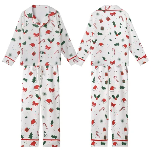 Festive Joy Collection: Whimsical Holly, Candy Cane & Santa Hat Design - Seasonal Wearable Item Kid Satin Pajamas Set