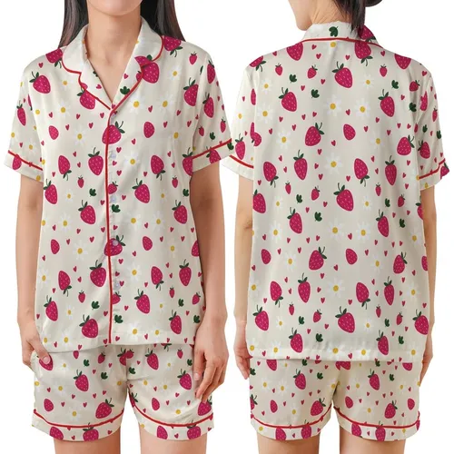 Playful Spirit's Fuchsia Strawberry Daisy Heart Motif on Cream Wearable Design Satin Short-Sleeve Pajamas Set