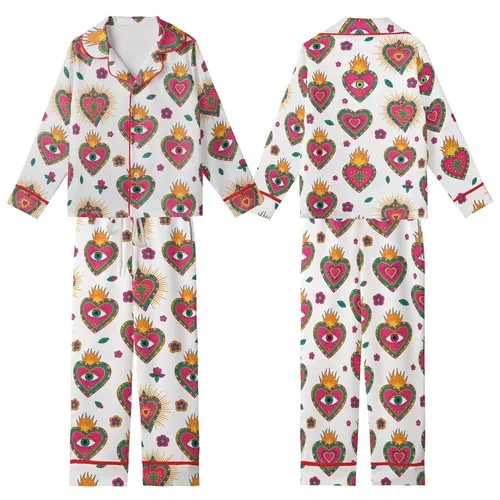 Vibrant Spirit's Fuchsia Orange Turquoise Sacred Hearts & Eye Folk Pattern Garment Kid Satin Pajamas Set
