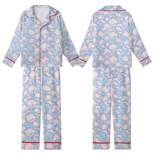 Serene Organic Swirls: Pale Sky Blue Muted Pink Paisley Dots Custom Design Kid Satin Pajamas Set