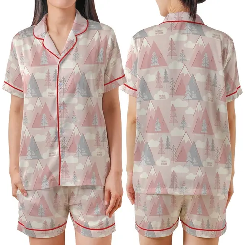 Nature Lover's Soft Pink Gray Minimalist Mountain & Pine Pattern, 'THE GREAT OUTDOORS' Text Top Satin Short-Sleeve Pajamas Set