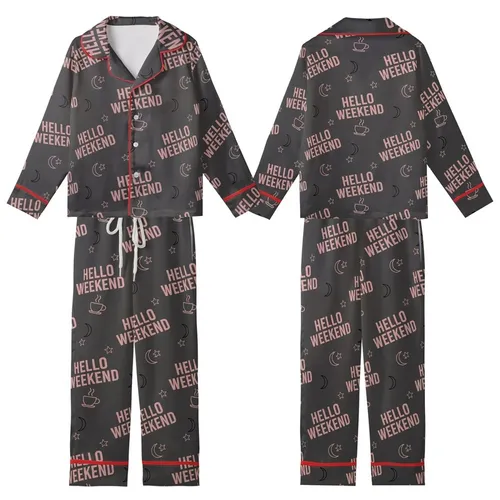Weekend Lover's HELLO WEEKEND Repeating Pattern: Dusky Rose & Black Coffee Moon Star Wearable Item Kid Satin Pajamas Set