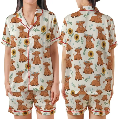 Fluffy Baby Highland Cow Flower Crown Sunflowers Whimsical Nature Wearable Art Satin Short-Sleeve Pajamas Set