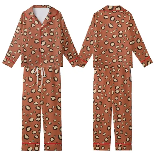 Coffee Lover Chic: Warm Russet Leopard Spot & Coffee Bean Design - Tan Beige Wearable Kid Satin Pajamas Set