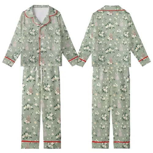 Whimsical Vintage Garden Rabbits: Ditsy Cream Wildflower Sage Pattern - Charming Decor Element Kid Satin Pajamas Set