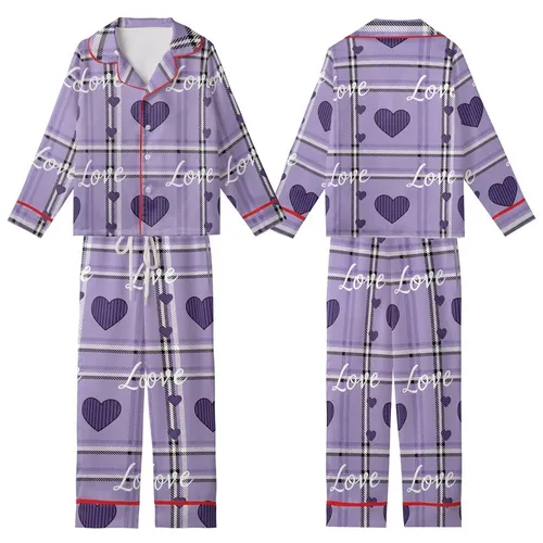 Romantic Lavender Black White Tartan Plaid Script Love Hearts Pattern Design Kid Satin Pajamas Set