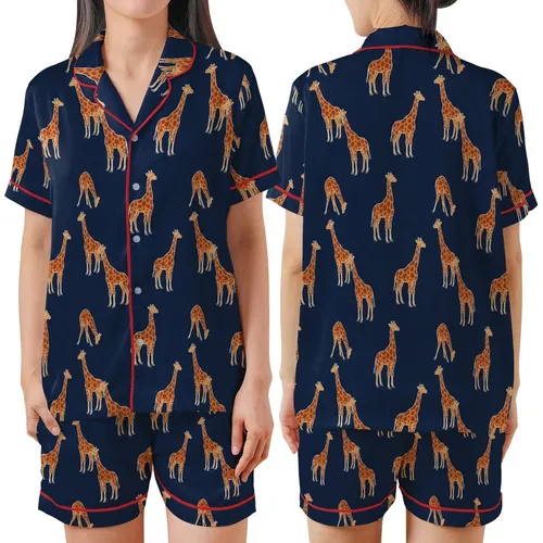 Giraffe Enthusiast's Charming Rusty Orange Brown Irregular Spot Giraffe Deep Navy Fabric Design Satin Short-Sleeve Pajamas Set