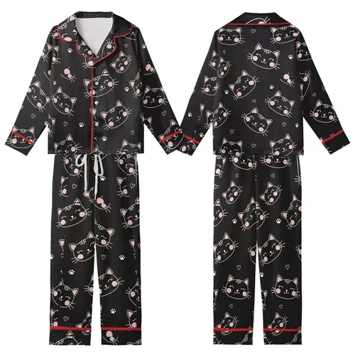 Cute Minimalist Winking Cat Faces with Hearts & Paw Prints Pattern Kid Satin Pajamas Set