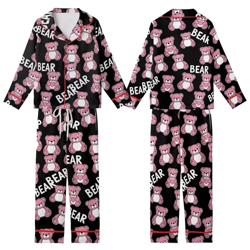 Whimsical Bear Lover Pink Cartoon Teddy Bear & 'BEAR' Text Heart Design Kid Satin Pajamas Set