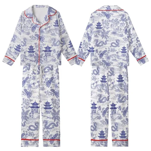 Chinoiserie Chic: Cobalt Blue Toile de Jouy Dragon Phoenix Crane Scenic Wearable Design Kid Satin Pajamas Set