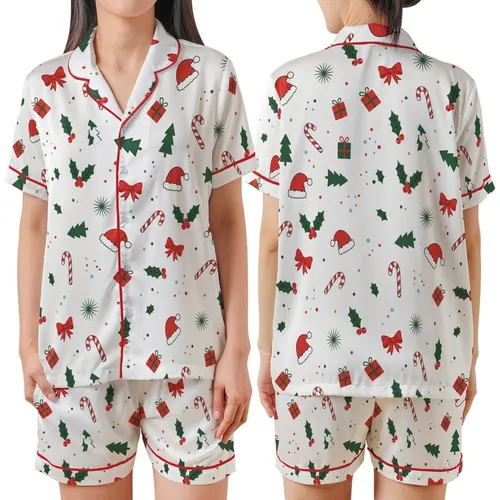 Festive Joy Collection: Whimsical Holly, Candy Cane & Santa Hat Design - Seasonal Wearable Item Satin Short-Sleeve Pajamas Set