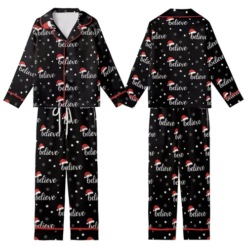 Festive Believer's Repeating White 'Believe' Script, Red Santa Hat, White Stars & Snowflakes Pattern Design Kid Satin Pajamas Set