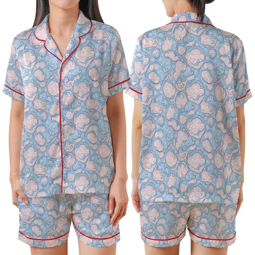 Serene Organic Swirls: Pale Sky Blue Muted Pink Paisley Dots Custom Design Satin Short-Sleeve Pajamas Set