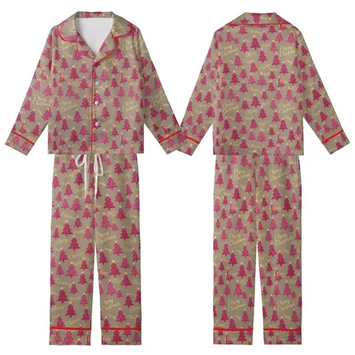 Chic Holiday Wearable: Pink Magenta Glittery Christmas Trees Gold Merry Christmas Script Kid Satin Pajamas Set