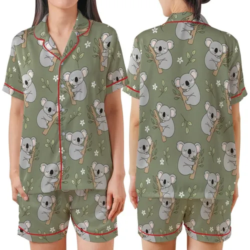 Koala Lover's Dream: Sleepy Grey Koalas & Eucalyptus Leaves on Muted Olive Green Comfort Item Satin Short-Sleeve Pajamas Set