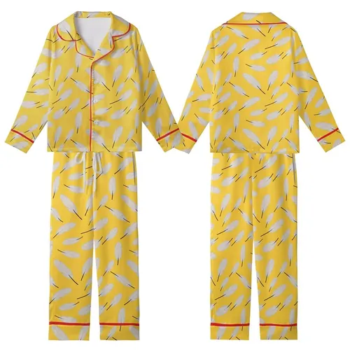 Playful Spirit: Light Warm Grey Feathers on Vibrant Yellow Wearable Kid Satin Pajamas Set