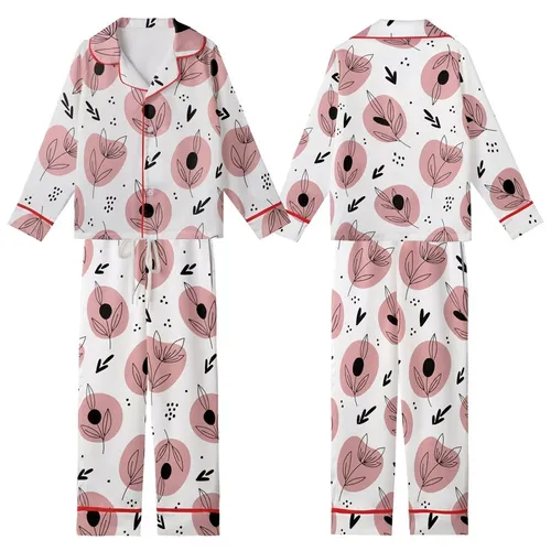 Women's Hand-Drawn Abstract Soft Pink Petal & Bold Black Botanical Outline Motif Kid Satin Pajamas Set